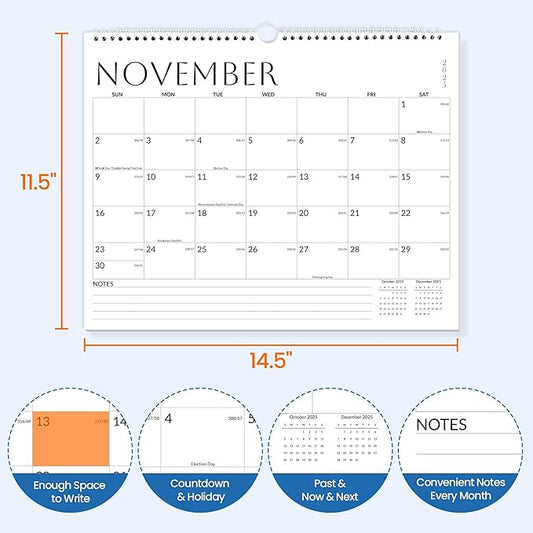 SUNEE Wall Calendar 2026 18 Months Oct. 2025 - Mar. 2027, 14.5"x11.5" Big Grid Hanging Calendar with Note for Organizing & Planning, Monthly Calendar 2025-2026 with Last Month and Next Month, White