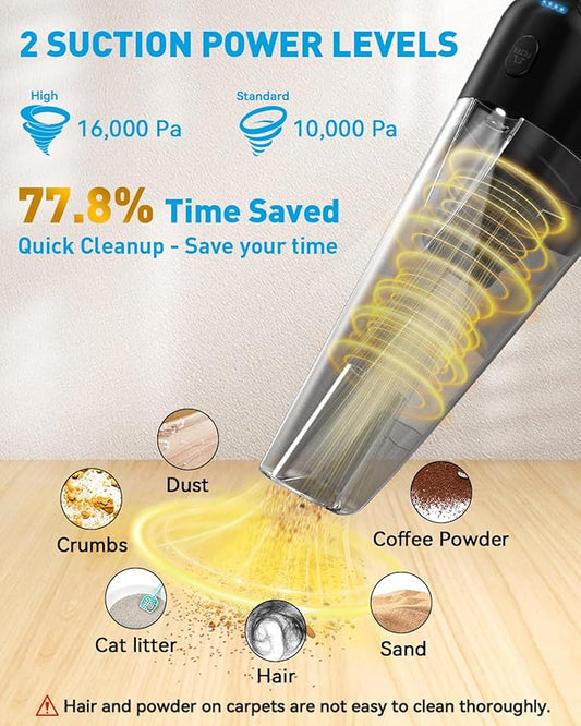PowerSpeed CleanView Portable Handheld Vacuum - 16000Pa Strong Suction Powerful with 800mL Dust Cup and LED Light - Cordless Vacuum Cleaner for Home Daily Quick Clean - for Dust/Pet Hair/Floor Debris