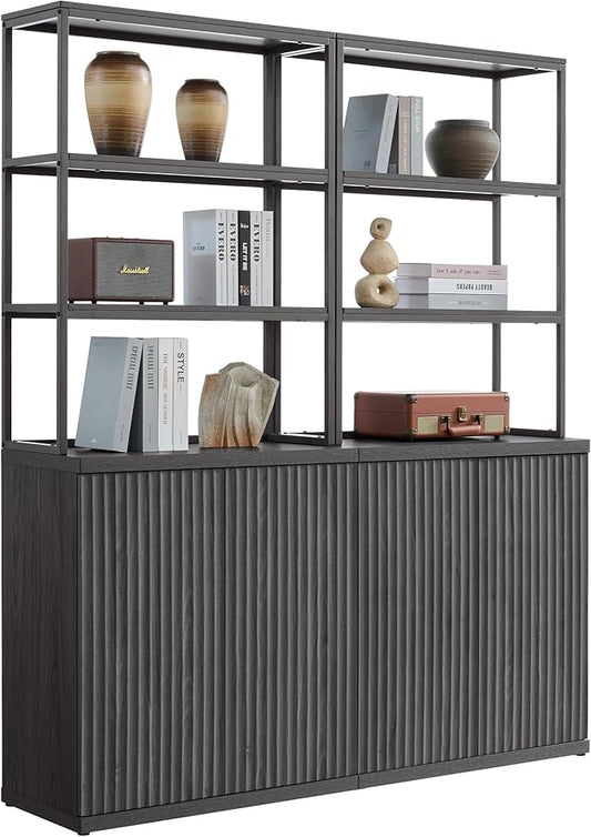 SICOTAS Fluted Bookshelf with Doors - 75" Tall Book Shelf with Storage 6 Tier Large Bookcase with Bottom Cabinet - Modern Metal Book Case for Living Room, Home Office, Kitchen and Library, 2 Pieces