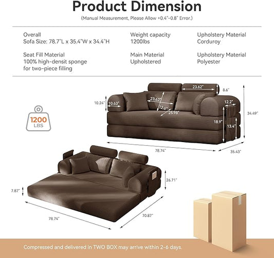 Upgrade High Backrest Design Sofa Bed with Fixed-Shape Frame & Removable Armrests and Backrest, Corduroy Fabric, Convertible Mattress Couch for Small Spaces - No Assembly Neede (High Backrest Brown)