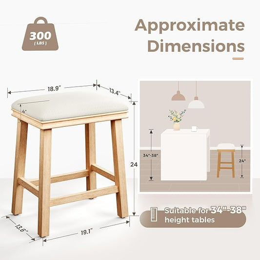 MAISON ARTS Off White Counter Height 24 inch Bar Stools Set of 4 for Kitchen Counter Solid Wood Legs with Faux Leather Padded Seat Farmhouse Barstools for 34"-38" Counter Island Upholstered Stools