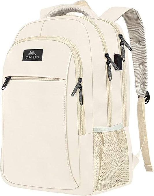 MATEIN Beige Laptop Backpack 15.6 Inch, Lightweight Sturdy Bag for College Supplies with USB Charging Port, Water Resistant Anti Theft Travel Computer Daypack Fashion Work Nurse Bag Gift for Women