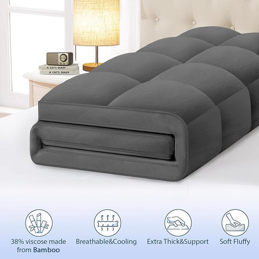 ELEMUSE Full Grey Cooling Bamboo Viscose Mattress Topper for Back Pain, Extra Thick Mattress Pad Cover, Plush Soft Pillowtop with Elastic Deep Pocket, Overfilled Down Alternative Filling
