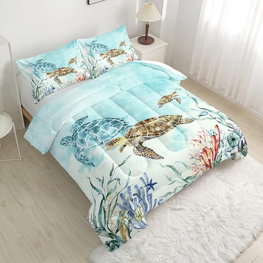 CVHOUSE Ocean Watercolor Sea Turtle Comforter Set, Queen Size, 1 Comforter, 2 Pillowcases, Polyester, for Adult, Teen, Kid, Modern Style, Unisex, Winter, Fall, Spring, Machine Wash