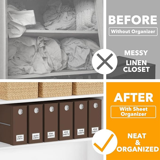 SpaceAid 6 Pack Bed Sheet Organizers and Storage, Foldable Sheet Organizer with Window for Linen Closet, Set Folder Keeper for Queen & King Size Bedding Storage (Brown)