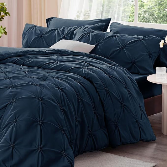BEDELITE Navy Queen Comforter Set - 3 Pieces Boho Pintuck Bedding Comforter Sets, Lightweight Soft & Warm Bed Comforter Queen with 2 Pillowcases for All Season