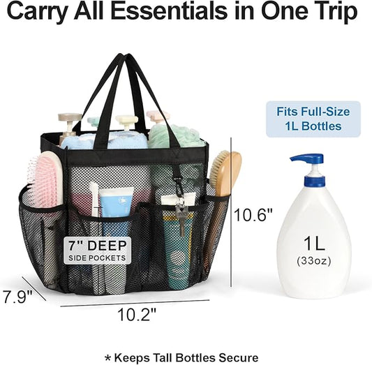 F-color Mesh Shower Caddy Portable - 2 Handles Upgrade Deeper 7 Pockets Basket Bag Tote for College Dorm Room Toiletry Bathroom Essentials Gym Camp Quick Dry with S Hook, 2 Pack, Black & Blue