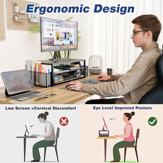 OPNICE Desk Organizer and Accessories, 2-Tier Computer Monitor Stand Riser with Drawer and 2 Pen Holders, Laptop Stand, Office Desk Accessories for Office Supplies, Black 2-Pack