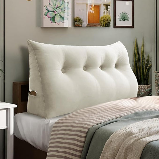 10 lbs Thickened Full Headboard Pillow for Sitting Up in Bed, Back Support Reading Pillow with Side Pocket and Velvet Removable Cover, Triangular Large Wedge Headboard Pillow
