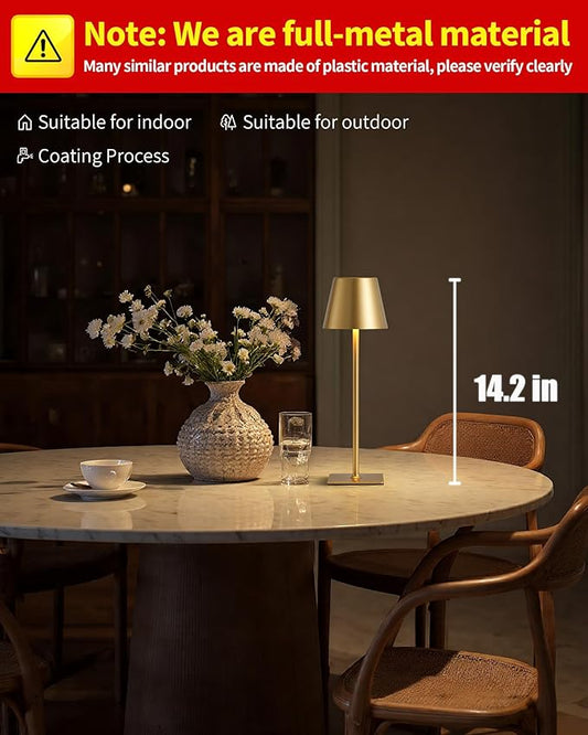 KDG 2 Pack Cordless Table Lamp, Portable LED Desk Lamps, 5000mAh Battery Operated, 3 Color Stepless Dimming Up, for Restaurant, Bedroom, Outdoor Camping, Coffee Shop, Night Light, Rechargeable (Gold)