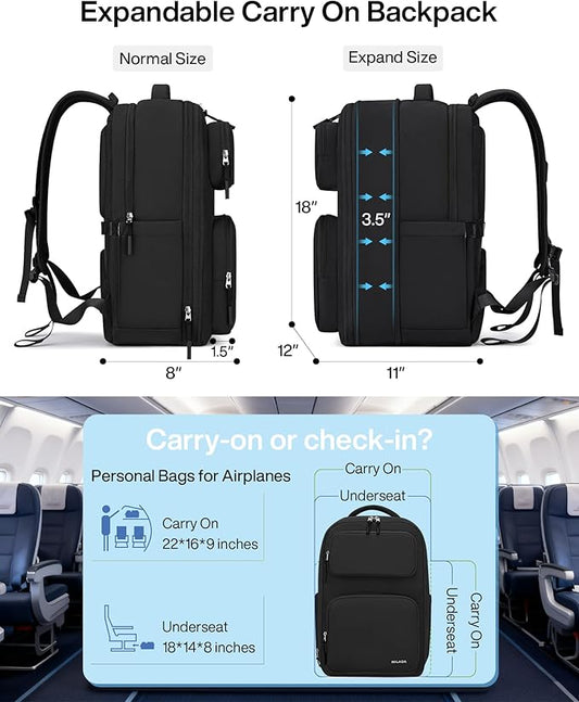 MILADA Expandable Travel Backpack 28L to 39L, TSA-Approved Carry On Backpack with 17 Inch Laptop Compartment, School Business Work Backpack for Men & Women, Black