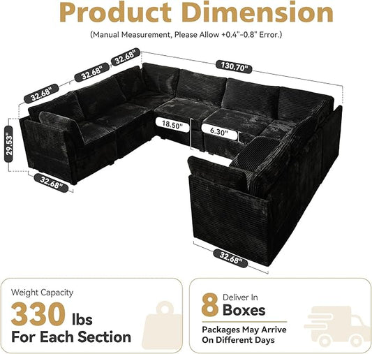 Large 8 Seat Modular Sectional Sofa with Ottoman Seat Corduroy Sleeper Sectional Sofa Bed Oversized Convertible Modular Couch for Living Room