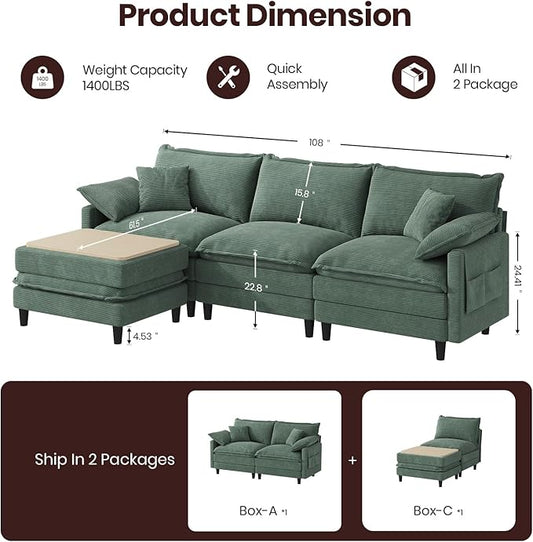 108" L Shaped Modular Sectional Cloud Couch with Ottoman, Snap-on Easy Installation 3 Seater Deep Seat Sofa with Storage Bag and Coffee Table for Living Room, Corduroy, Green