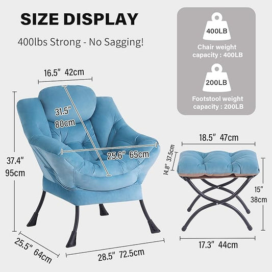 Tiita Lazy Chair with Ottoman, Modern Large Accent Lounge Armchair, Comfy Leisure Sofa Reading Chair with Footrest for Bedroom, Living Room, Dorm Rooms, Garden and Courtyard, Velvet Light Blue