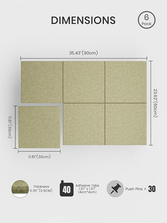 Bumusty Large Cork Board 36"x24" Alternative - 6 Pack Felt Wall Tiles with 40 Safe Removable Adhesive Tabs, 30 Pushpins, Cork Boards for Walls Pin Board Bulletin Board Office Decor (Olive Green)