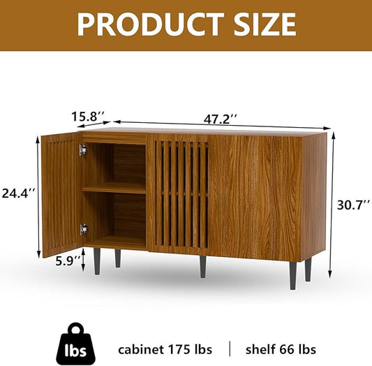 CHUWELL Farmhouse Storage Cabinet, 47.2" Buffet Cabinet with 3 DIY Doors and Adjustable Shelf, Sideboard Coffee Bar with Solid Wood Feet for Kitchen,Dining Room,Living Room,Brown