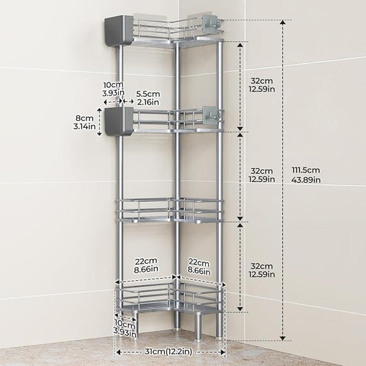 Orimade Rustproof 4 Tier Floor Standing Corner Shower Caddy Organizer with Toothbrush Holder, Large Spacing Floor Shower Shelf Rack Storage Stands with Hooks for Bathroom Kitchen, Silver