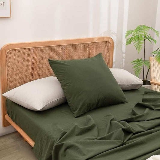 BESTOUCH 100% Washed Cotton Pillowcase for Hair and Skin Linen Feel Soft Comfortable Breathable 2 Set Pillow Case with Envelope Closure Solid Olive Green Euro 26x26 Inches