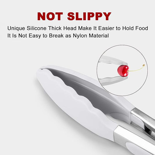 Premium Silicone Set of 2 Cooking Tongs, 9-Inch & 12-Inch BPA Free Non-Stick Stainless Steel BBQ Grilling Locking Food Tong, Light Grey