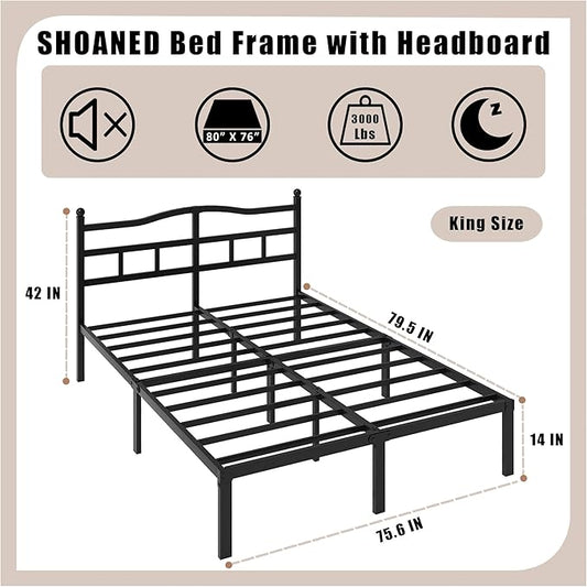 Metal Bed Frame with Headboard - 14 Inch King Size Heavy Duty Bedframe Black Basic Steel Slats Platform No Box Spring Needed/Easy Assembly/Noise Free