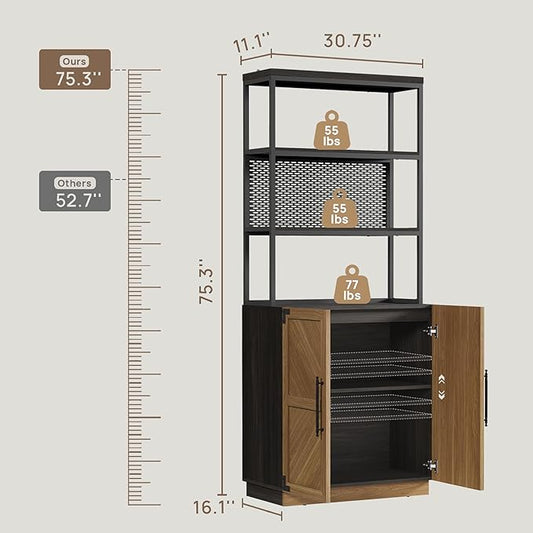 SICOTAS Book Shelf 5 Tier Bookcases - 75.3” Tall Bookshelves with Storage, Large Modern Freestanding Display Cabinet Farmhouse Book Case for Living Room, Home Office, Dining Room, Kitchen