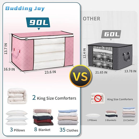 Budding Joy 90 L Large Storage Bags, 6 Pack Clothes Bins Foldable Closet Organizer Containers for Blanket, Comforters, Bed Sheets, Pillows (Pink)