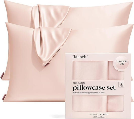 Kitsch Satin Pillowcase with Zipper for Hair & Skin, Softer Than Silk Pillow Cases Queen, Wrinkle-Free, Smooth and Cooling Satin Pillow Covers, Standard Size 19"x26" - Blush, 2pcs