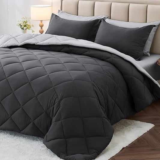 MUXHOMO 7 Pieces King Comforter Set, Reversible Bed in a Bag King Size, All Season Bedding Set with Comforter, Flat Sheet, Fitted Sheet, Pillowcases & Shams, Dark Grey & Light Grey