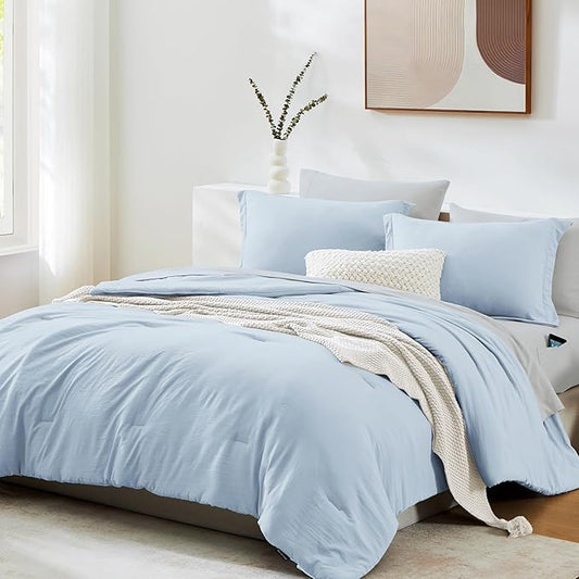 WRENSONGE Full Size Comforter Set- 7 Pieces Ice Blue Bed in a Bag Full Size Comforter with Fitted Sheet, Flat Sheet, 2 Pillow Shams, 2 Pillowcases, Warm Bedding Sets for All Season