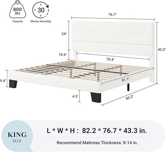 Allewie King Size Platform Bed Frame with Velvet Upholstered Headboard and Wooden Slats Support, Fully Upholstered Mattress Foundation/No Box Spring Needed/Easy Assembly, White