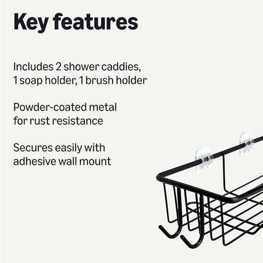 Amazon Basics Shower Organizer Caddy with Soap Holder, Stainless Steel, Black, Set of 5