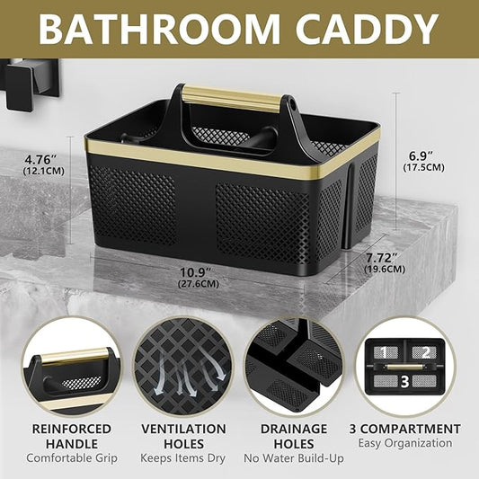 Shower Caddy Dorm Men: Plastic Bathroom Caddy Organizer with Handle and Holes, Bath Caddy for College Dorm, Portable Shower Basket Tote for Toiletry, Travel, GYM, Camp Essentials Black/Gold