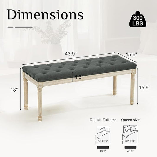 LOULENS 43.9" Linen Fabric End of Bed Bench, Vintage French Upholstered Button Tufted Entry Bench, Window Seat with Carved Wood Legs for Bedroom, Living Room, Entryway, Foyer, Hallway, Dark Grey