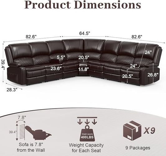 Manual Reclining Sectional Sofa Set, 7 Seats Soft Leather Recliner Corner Sectional Couch, Family-Sized L-Shaped Recliner Couch with USB Charging, Thickened Padding, Sturdy Frame, Brown