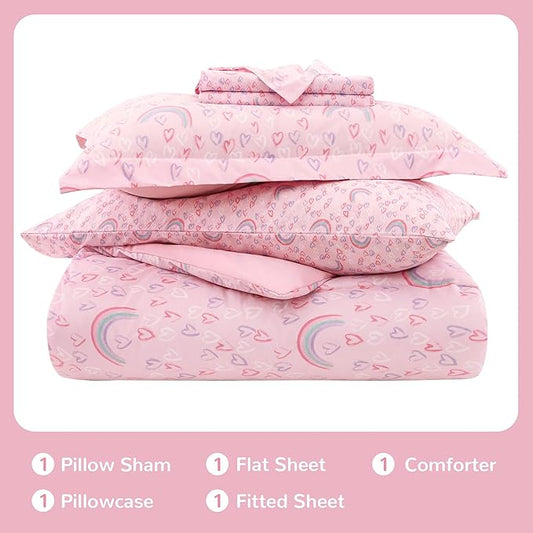 Viviland Kids Twin Bedding Sets for Girls, Soft Twin Comforter Set with Sheets, 5 Pieces Microfiber Bed in a Bag, Pink Heart Rainbow