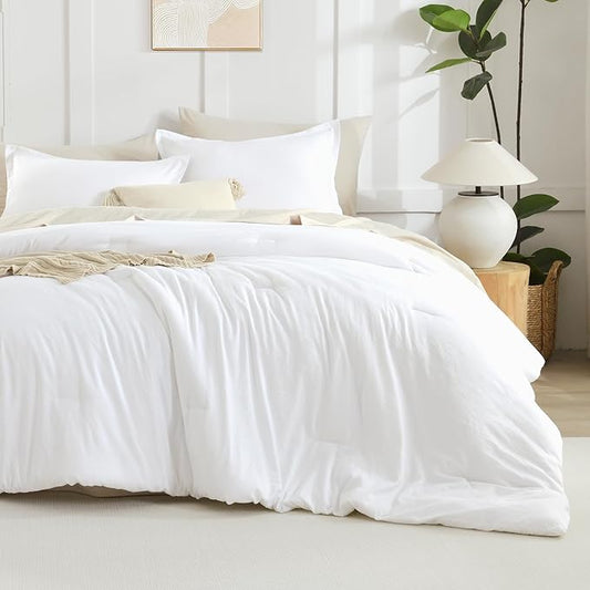 Litanika Comforter Set, Lightweight Solid Bedding Comforter Set, Fluffy Down Alternative Bed Set, Bright White, King