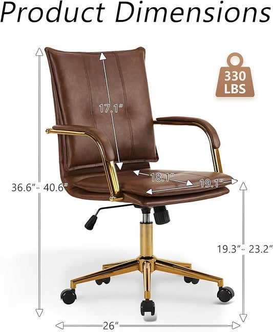 MOJAY Mid-Back Ergonomic Leather Office Chair, Modern Upholstered Executive Desk Chair with Gold Frame Armrest Computer Task Chair (Caramel)