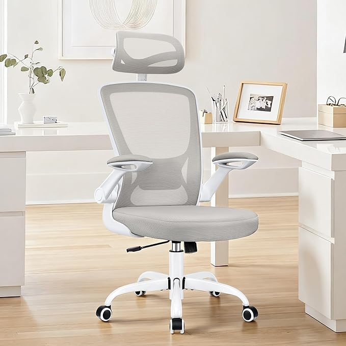 Office Desk Chair, Ergonomic Mesh Office Chair with Adjustable Lumbar Support, Headrest, Flip-up Armrests, Comfortable Computer Chairs for Home, Work, Gaming, Light Gray