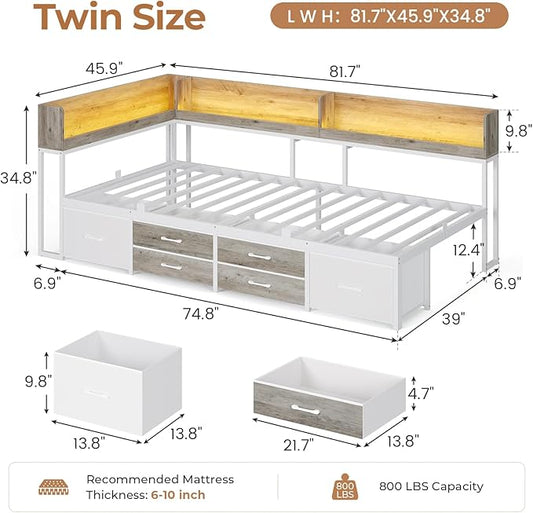 VIAGDO Corner Bed Frame with Storage Bookcase and 6 Drawers, Twin Metal Platform Corner Bed Frame with LED Lights and Charging Station, Twin Daybed for Kids Teenagers, White & Grey