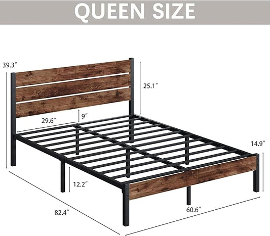 Queen Bed with Headboard and Footboard, with Under Bed Storage, All-Metal Support System, No Box Spring Needed, Easy Assembly,Retro Brown