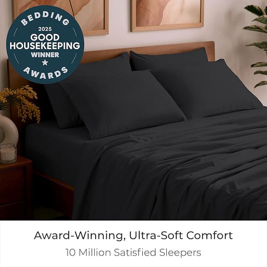 Mellanni Full Sheet Set - 6-Piece Iconic Collection Bedding, (Including 4 Pillowcases), 21-Inch Extra Deep Pocket, Easy Care, Ultra Soft, Cooling Sheets, Brushed Microfiber - Black