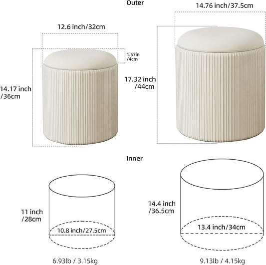 Twira Round Ottoman with Storage Set of 2, Velvet Nesting Ottoman for Living Room,Bedroom,Dorm,RV, Flip-up Lid Coffee Table, Upholstered Makeup Vanity Stool,Multifunctional Foot Rest 330lbs Load Beige