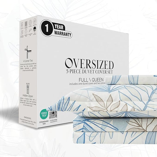 Southshore Fine Living, Inc. Tropical Pattern Duvet Cover Queen Size Boho Set, 1 Patterned Duvet Cover and 2 Pillow Shams, Full Size, Queen Size Bedding, Machine Washable, Full/Queen, Tropic Leaf Blue
