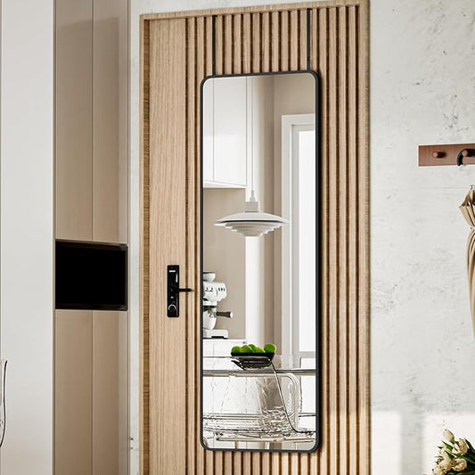 BEAUTYPEAK 14"x48" Full Length Over The Door Mirror, Aluminum Alloy Frame Full Body Mirror with Height-Adjustable Hangers, Hanging Mirrors for Bedroom, Living Room, Bathroom, Black