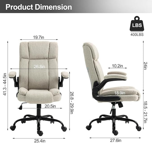 Office Chair High Back Ergonomic Executive Computer Desk Chair Comfortable Fabric Padded Home Office Desk Chairs with Flip-up Arm Rest Adjustable Height Swivel Wheels (Beige)