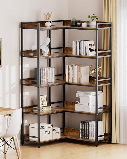 Large 5-Tier Corner Bookshelf - Modern Tall Corner Shelf Storage Display Rack with Sturdy Metal Frame - Perfect for Living Room, Home Office, Books and Decor Display
