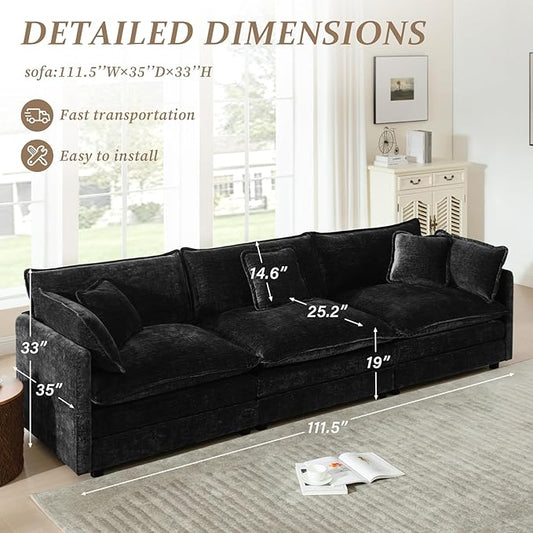 SoarFlash Chenille Sectional Sofa, Comfy Modular Loveseat Sofa, Modern 3-Seat Couch Deep Seat Sofa Set for Living Room,Black