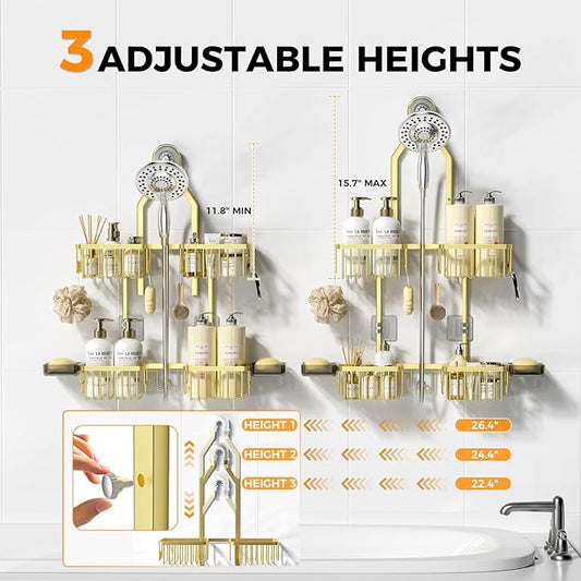 REINHARDT Aluminum Shower Caddy Hanging Adjustable Shower Caddy, Rustproof Hanging Shower Organizer with Hooks Soap Holders, Over Shower Head Caddy for Handheld Showerhead, Gold