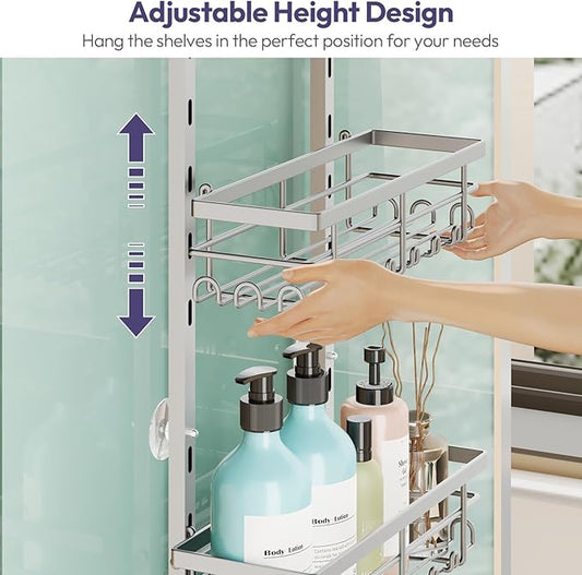 SWTYMIKI Over The Door Shower Caddy - 3 Tier Rustproof Hanging Shower Organizer with Adjustable Shelves, 28 Hooks & Soap Holder, Hanging Shower Rack Storage for Bathroom Accessories, Silver