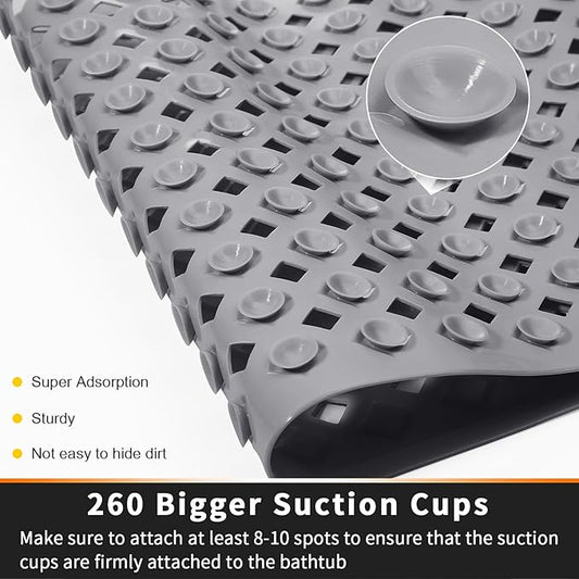 Yimobra Bathtub Mat Non Slip, Super Strong Suction Cups, 27.5"x15.5" Long Shower Mat with Drain Holes, Machine Washable Fast Draining Bath Mats, Bathroom Essentials,Gray